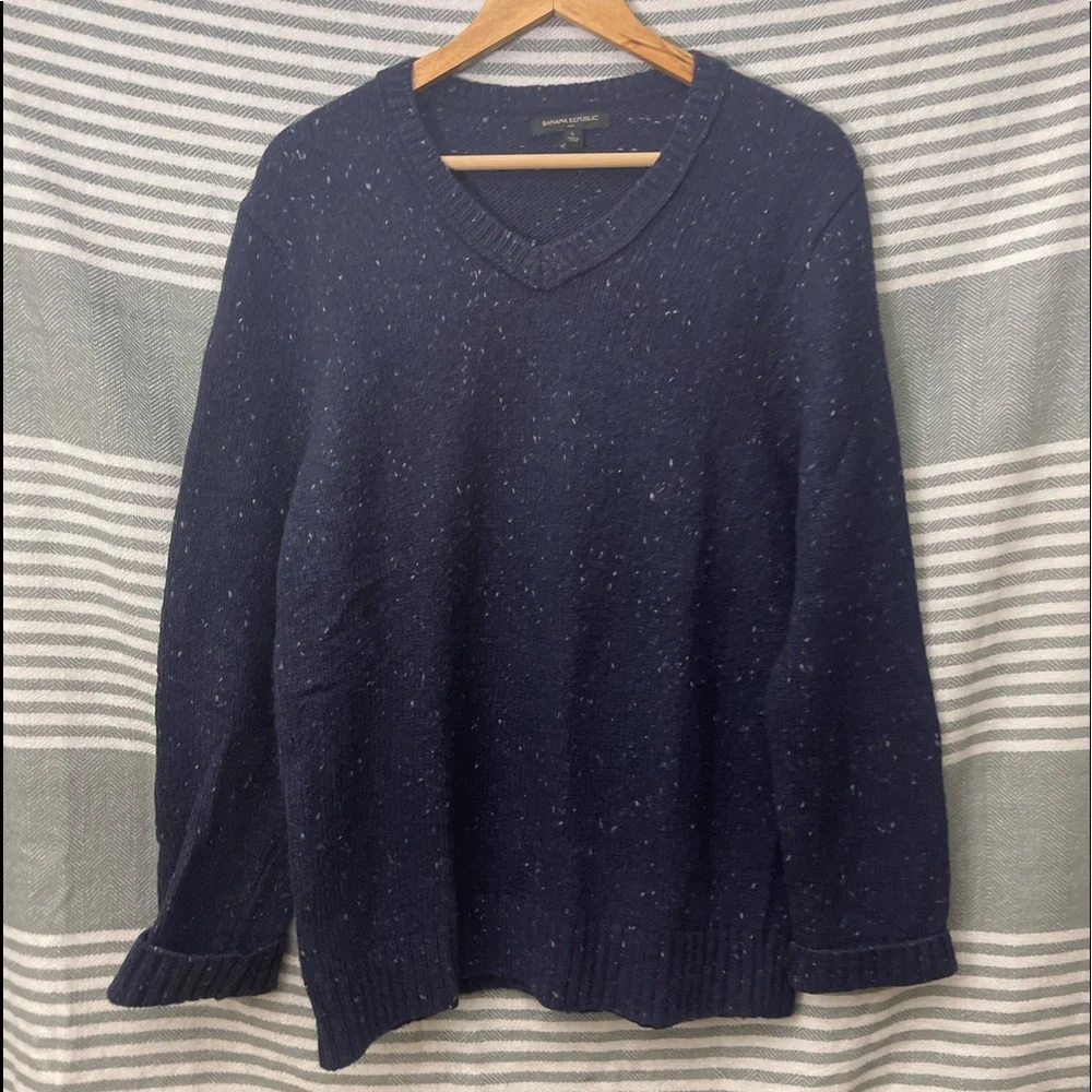 Banana‎ Republic Men’s Navy Marled Cotton V-Neck Sweater Size Large